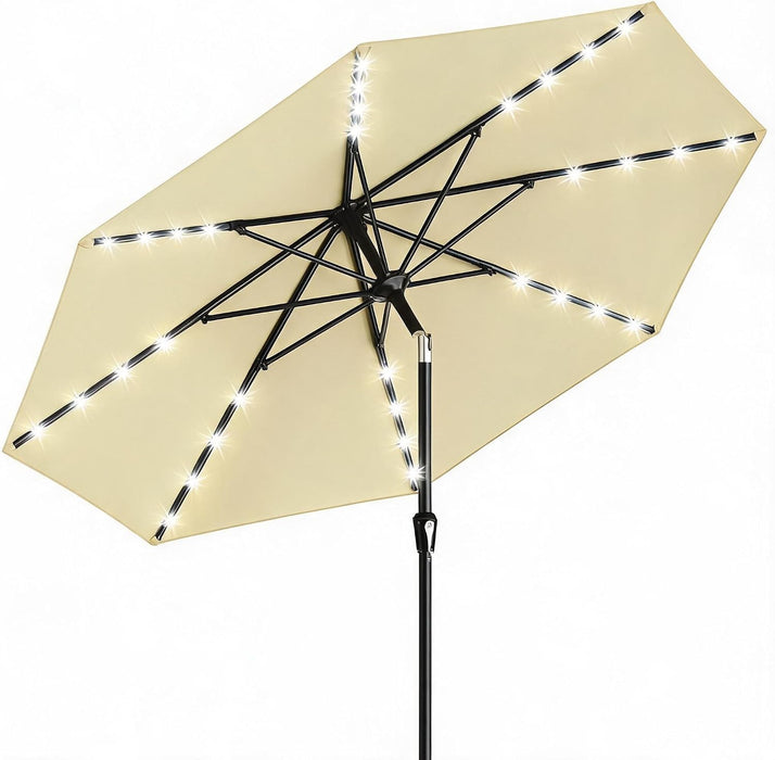 Patio Umbrella with Lights, 8 Ribs Outdoor Market Table Umbrella for Pool, Deck, Backyard (Beige, 9 Ft)