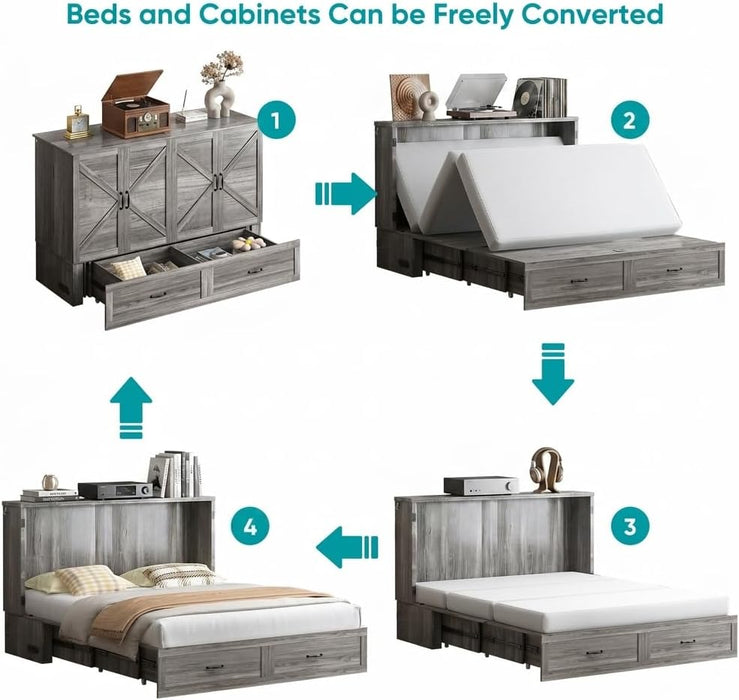 Grey QueenSize MurphyBed With Mattress USBCharging