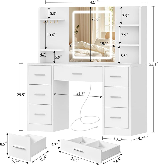 White Vanity Desk With Illuminated Mirror PowerOutlet