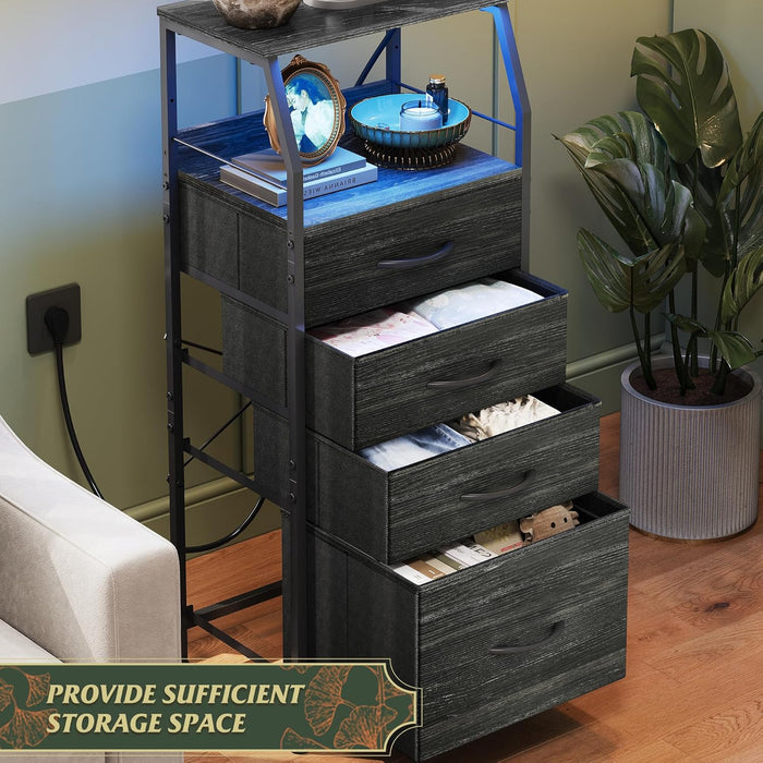 Black Nightstand With Integrated Charging Station LED