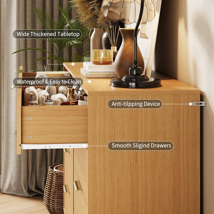 Fluted Dresser for Bedroom with 8 Drawers,55" Wide Modern Chest of Wooden Bedroom Chest with Metal Handle,Clothes Storage Organizer,Dresser & TV Stand for Living Room,Nutural