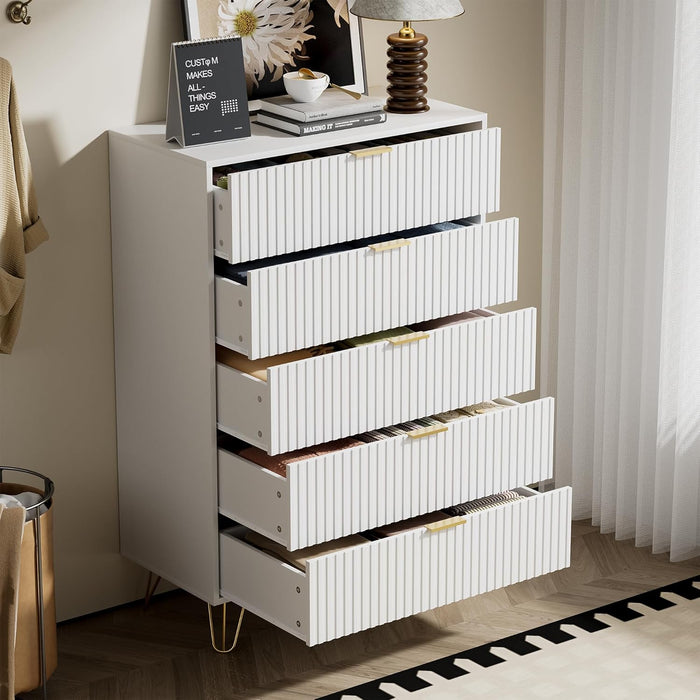 White Contemporary Fluted Dresser Featuring Gold Pulls