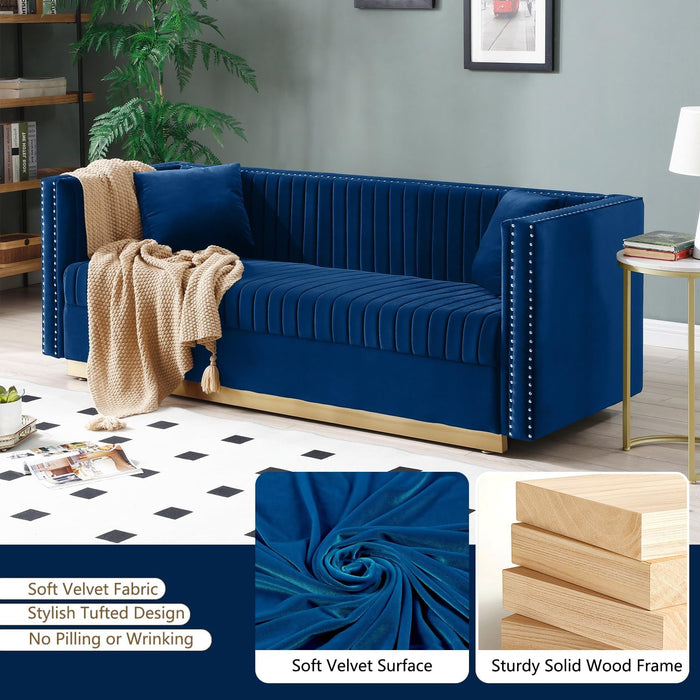 Velvet Sofa Set: Modern L Shaped Couch and Loveseat Set with Gold Metal Legs and Nailhead for Living Room, Apartment and Office (Blue)