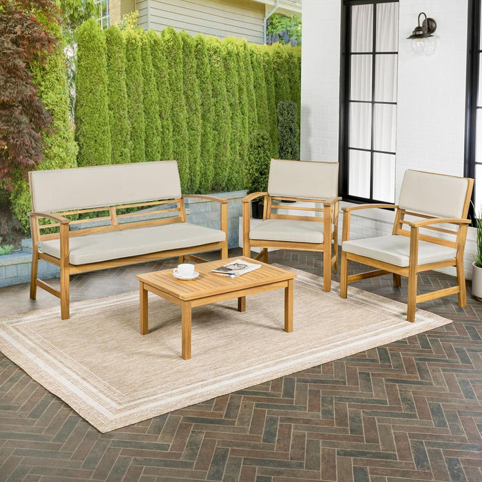 LVG1000A-4SET Barclay 4-Piece Modern Coastal Acacia Wood Conversation Outdoor Patio Set with Cushions Transitional, Classic, Traditional, Vintage, Mid-Century, Light Gray/Teak Brown