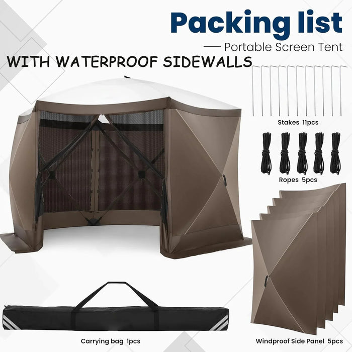 12X12Ft Pop-Up Gazebo Screen Tent Screen House with Sidewalls and Mosquito Netting for Camping, Waterproof, UV Resistant, EZ Set-Up Party Canopy with Carrying Bag and Ground Stakes, Brown