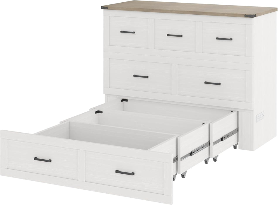 Murphy Bed Full Size,Hideaway Wall Cabinet Bed with Charging Station and 1 Large Storage Drawer,Multi-Functional Foldable Platform Beds Frame,Can Be Folded,For Apartment,Bedroom,White