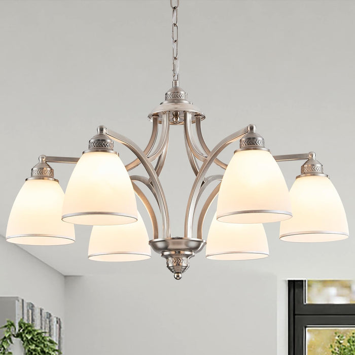 Brushed Nickel 6Light Farmhouse Chandelier Milk Glass