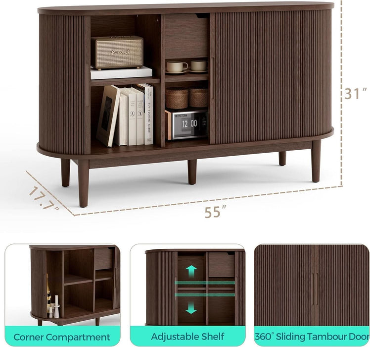 55" Sideboard Buffet Cabinet,Tambour Sliding Doors & Drawer