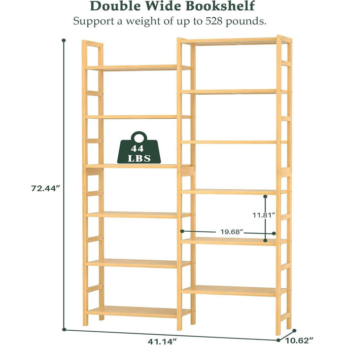 Double Wide Bamboo Bookshelf, 6-Tier Large Open Bookcase with 12 Display Shelves, 6Ft Tall Freestanding Book Shelf for Home Office, Bedroom, Living Room, Plants, Natural