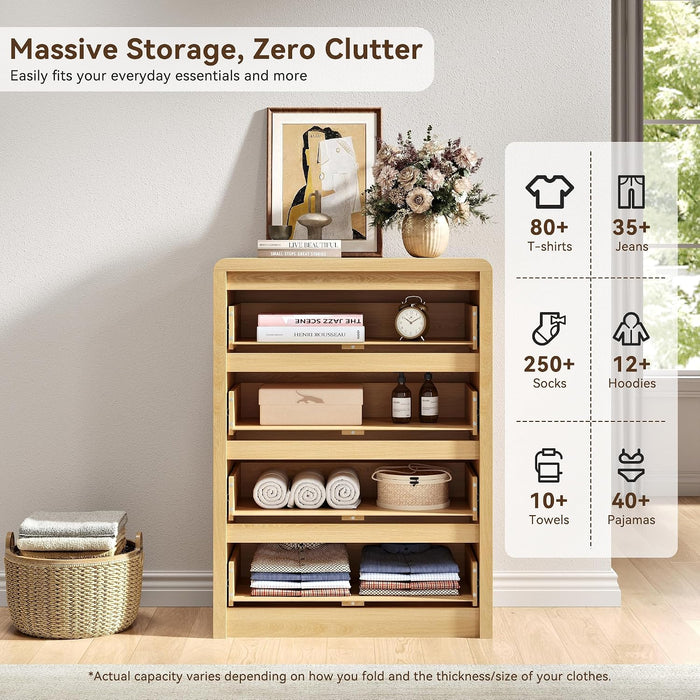 Fluted 4 Drawer Dresser for Bedroom, 40” Tall Modern Dresser & Chest of Drawers with Curved Profile Design, Wood Mid Century Dressers for Bedroom, Living Room, Oak