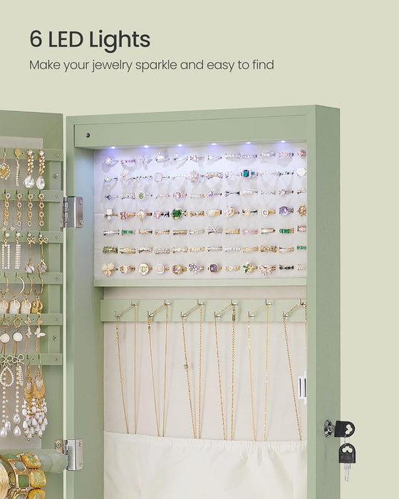 6 Leds Mirror Jewelry Cabinet, 47.2-Inch Tall Lockable Wall or Door Mounted Jewelry Armoire Organizer with Mirror, 2 Drawers, 3.9 X 14.6 X 47.2 Inches, Laurel Green UJJC093C01