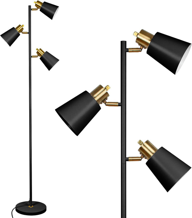 Tree Floor Lamp for Living Room, Industrial 3-Light Standing Lamp with 3 LED Bulbs, Adjustable Rotation Heads, Standing Tall Pole Lamp Farmhouse Rustic Reading Lamps for Bedroom Office (Black Gold)