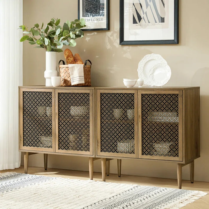 Fabion 32"Tall Built-In LED Lights Wood-Carved 2-Door Accent Cabinet Set of 2