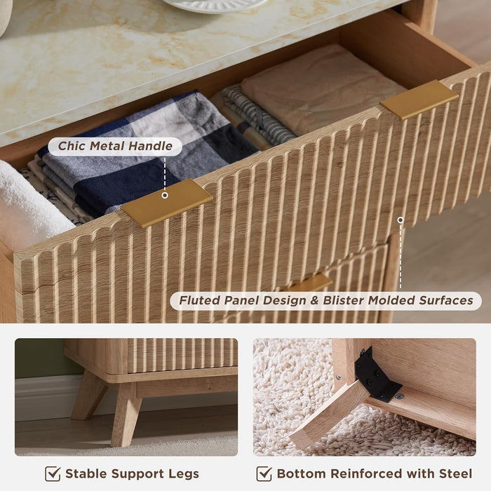 Fluted Dresser 48Inch OakFinish ContouredMarbleTop