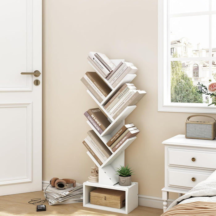 6 Tier Tree Bookshelf, Tall Bookcase with Drawer, Freestanding Book Shelf, Display Floor Standing Storage Shelf, Book Organizer Shelves for Home Office, Living Room, Bedroom, White