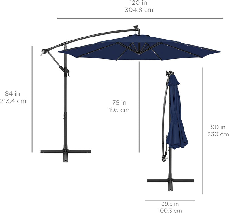 10Ft Solar LED Offset Cantilever Hanging Market Patio Umbrella, 8 Sturdy Ribs, Easy Adjustment - Navy Blue