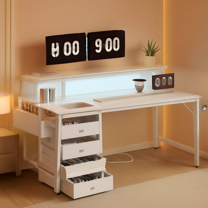 White Desk with 4 Drawers - 47 Inch Gaming Desk with Monitor Stand, Computer Gaming Desk with LED Lights Power Outlets and Storage Bag Fabric Drawer for Home Office, Bedroom, White