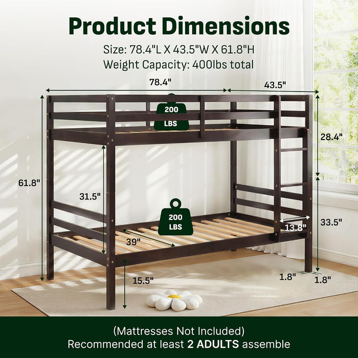 Twin over Twin Bunk Bed for Kids, Solid Wood Bunk Bed Frame with 13" High Guardrails and Ladder, 400 Lbs Capacity Total, 11.9" Under-Bed Storage, No Box Spring Needed, Black