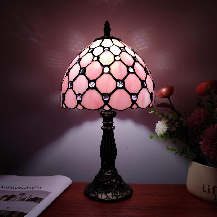 Tiffany Table Lamp 3-Way Light Handmade Bedside Lamp Small Desk Night Lamp Stained Glass Antique for Home Office Bedroom Living Room Study Room (Pink Pearls Style)