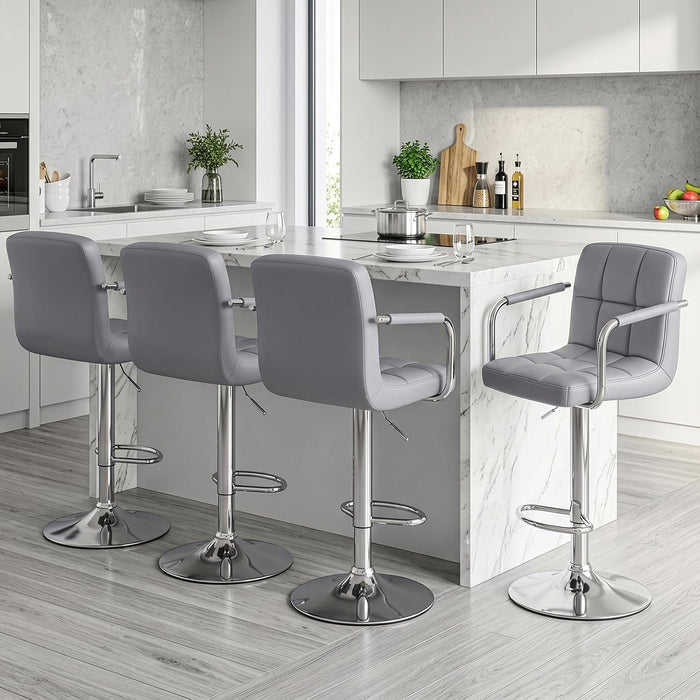 Swivel Bar Stools Set of 4, PU Leather Counter Height Stool with Arm | Upholstered Bar Chairs with Back, Barstools, Adjustable Height, Metal Legs, Kitchen Island, Cafe, Pub, Light Grey