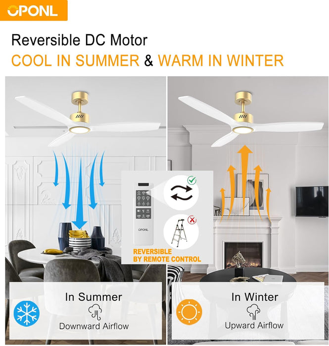 White Wood Ceiling Fan with Light 52Inch, Low Profile, Remote Control, Downrod Mount, Noiseless, Reversible, 6CCT, Dimmable, 6 Speeds, Timeable, Ceiling Fans with Lights for Living Room