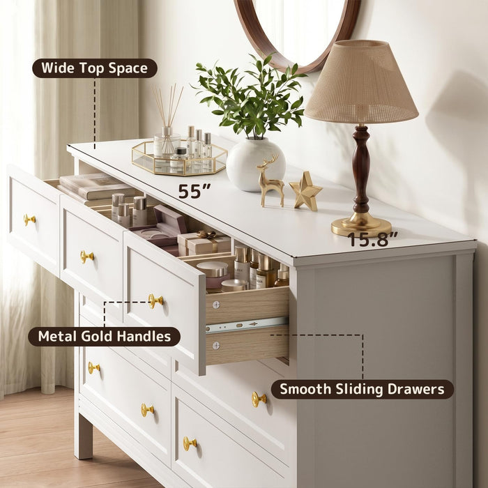 55" White Dresser for Bedroom with 7 Drawers & Modern Gold Handle