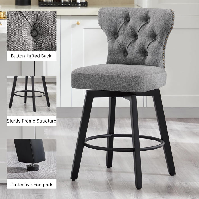 Counter Height Barstools 26 Inch Upholstered Button Tufted Swivel Bar Stools with Back and Wood Legs for Kitchen Island,Set of 2,Grey-Nailhead Trim