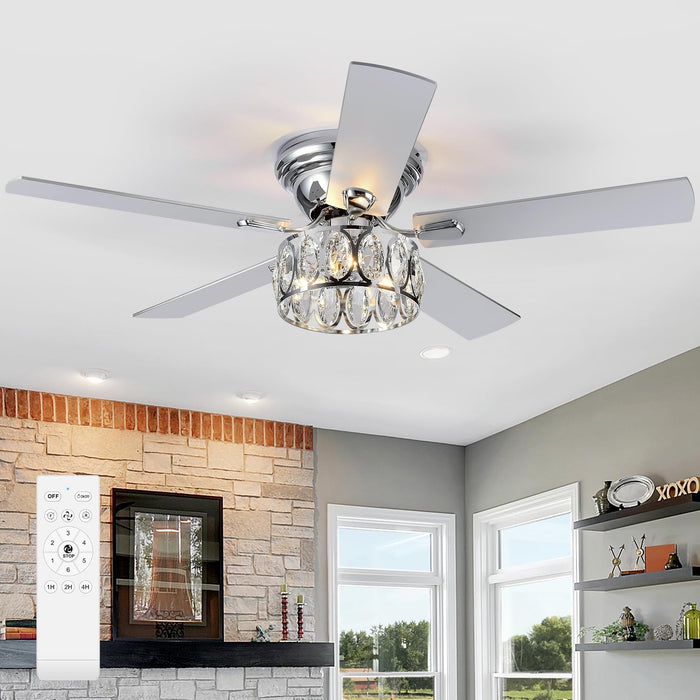 52 Inch Flush Mount Ceiling Fans with Lights Remote Control, 5 Reversible Blades Indoor Low Profile Crystal Lighting Chandelier Ceiling Fans for Bedroom Living Room (Chrome)
