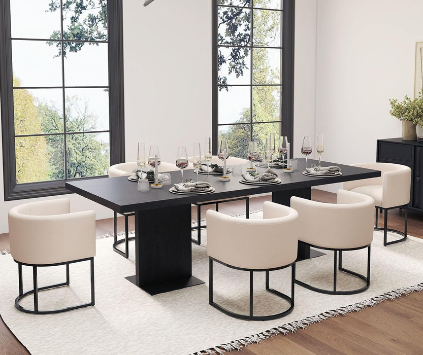 Mid Century Modern Upholstered Barrel Dining Chairs with Arms Set of 6, Linen Kitchen & Dining Room Chairs, 18.5" Wide Accent Chairs for Dining Room Living Room with Black Metal Frame, Cream