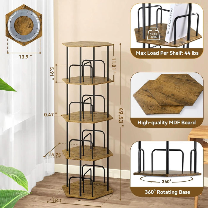 4 Tier Rotating Bookshelf Tower, Revolving 360 ° Spinning Bookcase, Hexagonal Corner Book Shelf Storage Carousel, Vertical Rotate Turning Organizer Book Shelves for Living Room Office Bedroom