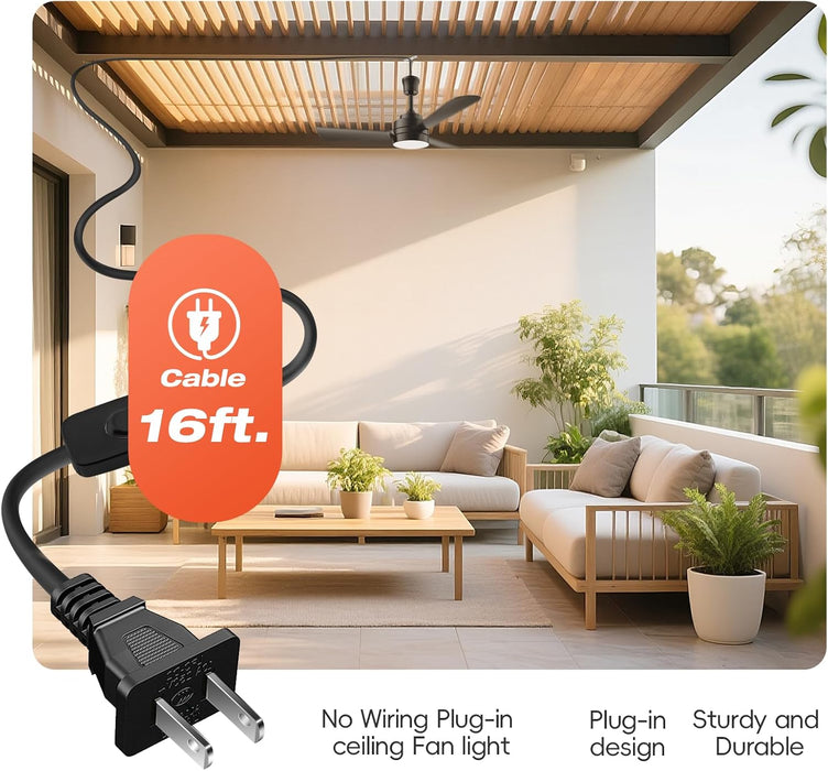 28" Gazebo Fan with Light,Plug in Ceiling Fan Light,Outdoor Ceiling Fan with Light,Hanging Fan with Hook,35W 3000-6500K,Remote/App Control,Portable Fan Light for Patios,Porch