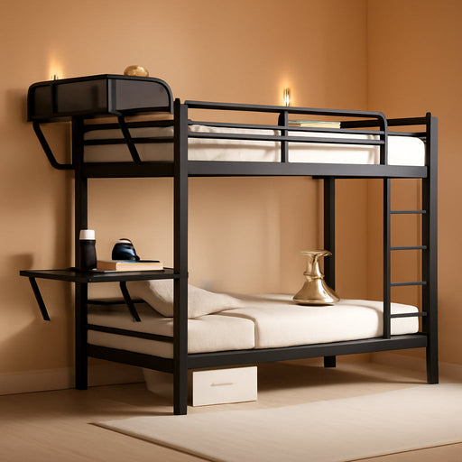 Bunk Bed Twin over Twin, Metal Bunk Beds with Desk & Power Outlet, Heavy-Duty Twin Bunk Beds with Storage Rack, Bunkbeds Frame with Safety Guardrail & Ladders for Juniors, No Box Spring Needed, Black