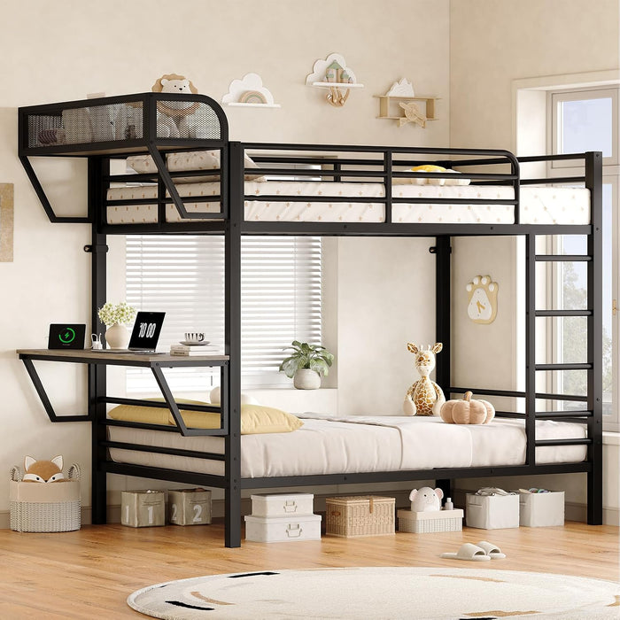 Bunk Bed Twin over Twin, Metal Bunk Beds with Desk & Power Outlet, Heavy-Duty Twin Bunk Beds with Storage Rack, Bunkbeds Frame with Safety Guardrail & Ladders for Juniors, No Box Spring Needed, Black