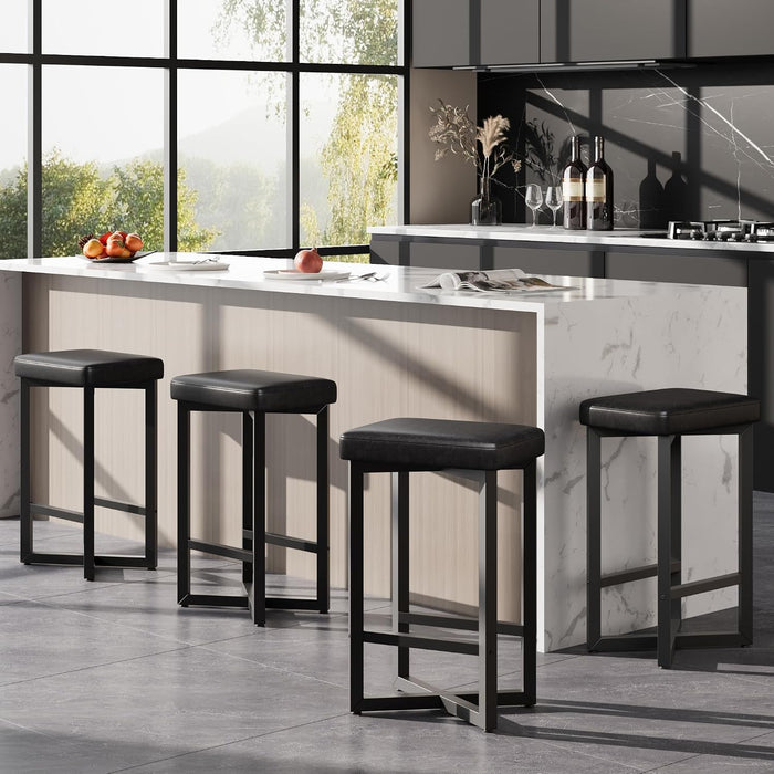 Bar Stools Set of 4, 24.6" Counter Height Backless Barstools | Black Upholstered PU Leather Seats, Metal X-Frame & Footrest, Modern Kitchen Stools for Home Bar, Dining Room