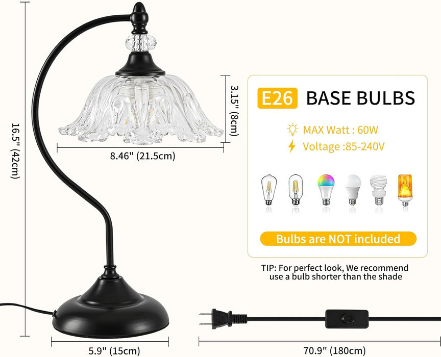 Table Lamp for Bedroom,Crystal Glass beside Lamp,Plug in Dimmable Black Lamp Flower Nightstand Lamp for Living Room, Office, Desk, Home Decor