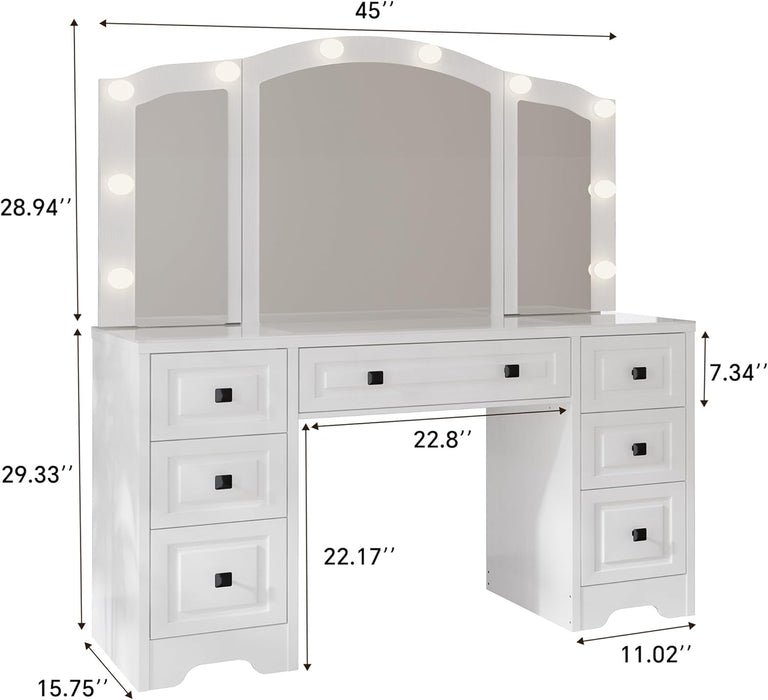 White Lighted Vanity Desk, Tri-Fold Mirror, 5 Drawers, Outlets | Retro Dressing Table with Lights, 5-Drawer Vanity Desk for Women & Girls, Vintage with Glass Top,Hair Dryer Holder