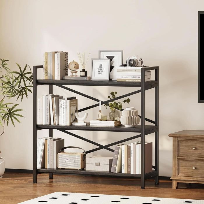 3 Tier Bookshelf 31.49" Width, Wood and Metal Etagere Bookcase, Vintage Farmhouse Modern Wooden Big Book Shelf for Home Living Room Bedroom Office Storage(Black)