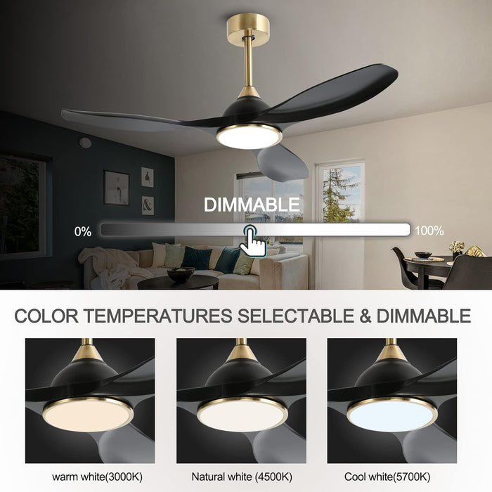 52 Inch Quiet DC Motor 6 Speed High CFM Ceiling Fan with Lights Remote Control, 3 Blade Black Gold Indoor Bedroom Modern Ceiling Fan