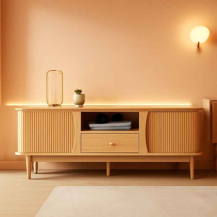 TV Stand, Media Console Table with Drawer and Sliding Door, Modern Entertainment Center with Storage for Living Room, Bedroom, Home Office (Natural with 1 Drawer)