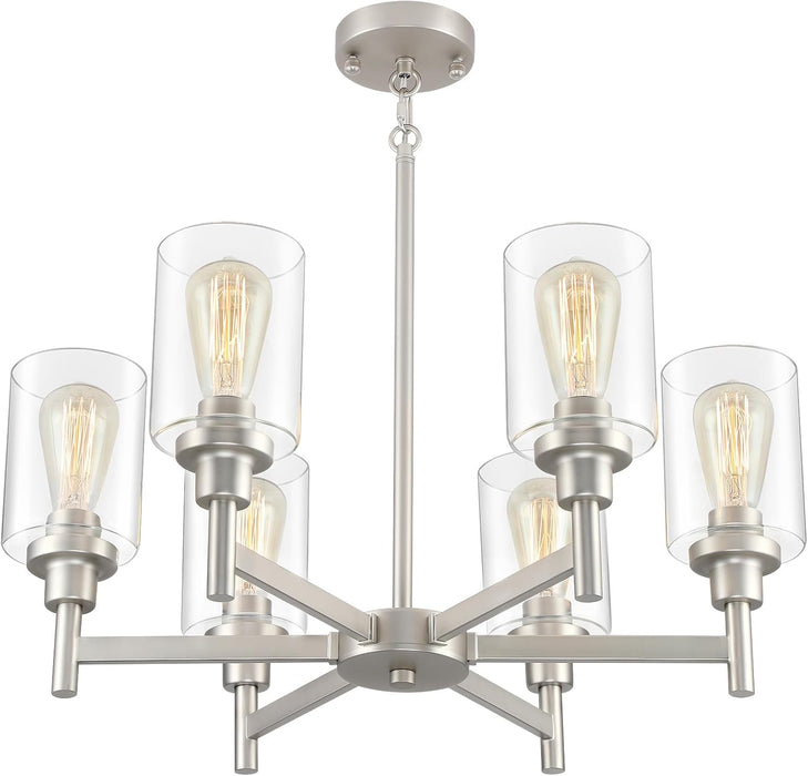 Brushed Nickel Chandeliers for Dining Room Light Fixture over Table, 6 Lights Farmhouse Chandeliers with Clear Glass Shade Chandelier for Living Room Kitchen Entryway Bedroom Bathroom