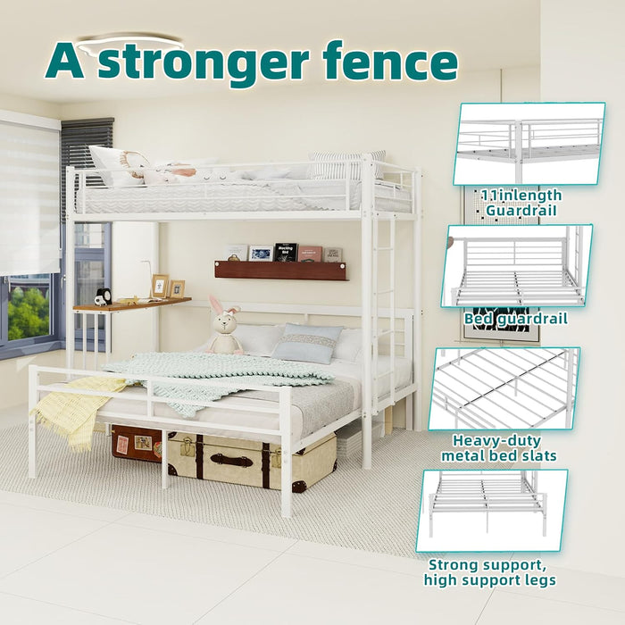 L-Shaped Twin over Full Bunk Bed with Desk, Heavy Duty Metal Loft Bed Frame with Ladder and Safety Guardrails, Space Saving Furniture for Kids, Teens, Bedroom, Dorm and Apartment, (White)
