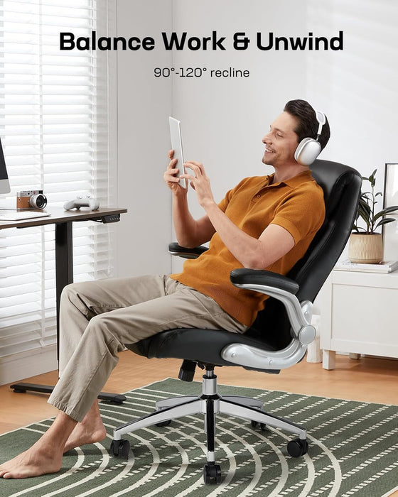 Comfortable-Office Chair with Dynamic-Lumbar Support: High Back PU Leather Executive Office Chair with Flip-Up Arms Tilt Function, Ergonomic Executive Desk Chair for Home Office Work, Black