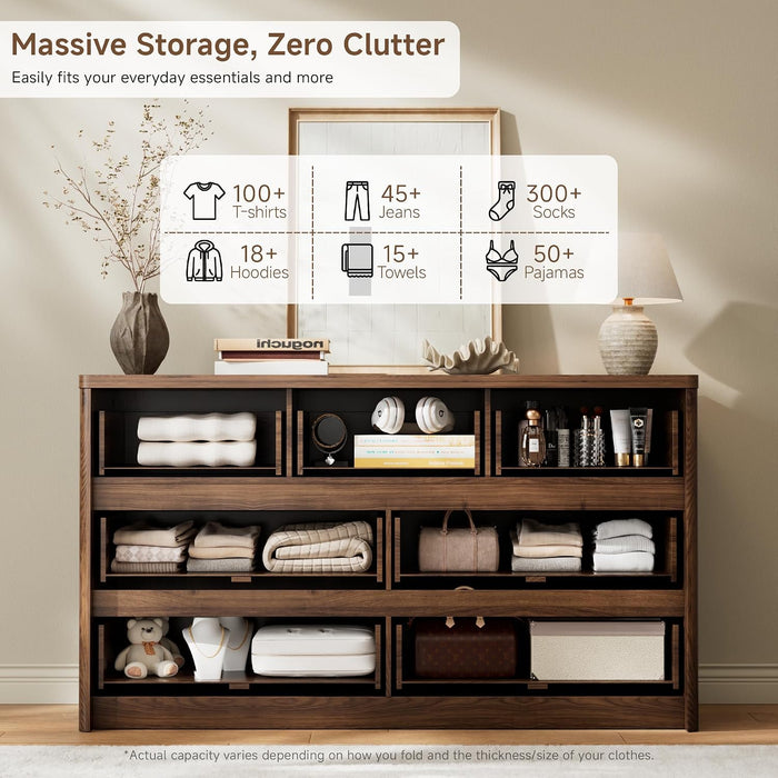 Modern 7 Drawers Dresser for Bedroom, 55" Wide Bedroom Dressers & Chest of Drawers W/Curved Profile, Mid Century Wood Dressers with Handleless Design, Large Dresser for Bedroom Living Room