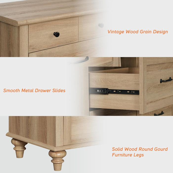 Oak Dresser for Bedroom with 5 Drawers, Tall Kids Dressers with Wide Chest of Drawers, Mid Century Modern Wooden Closet Storage Organizer, Small Dressers for Nursery, Living Room, Hallway