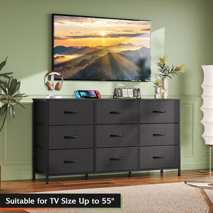 47''W Dresser for Bedroom, Black Dresser TV Stand for 45, 50, 55 Inch TV, Wide Chest of Drawers with 9 Drawer, Large Entertainment Center, Fabric Dressers with Wood Top for Closet, Living Room