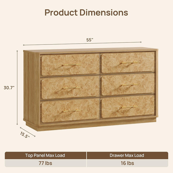 55" Extra Wide Dresser for Bedroom - Burl 6 Drawer Chest of Drawers