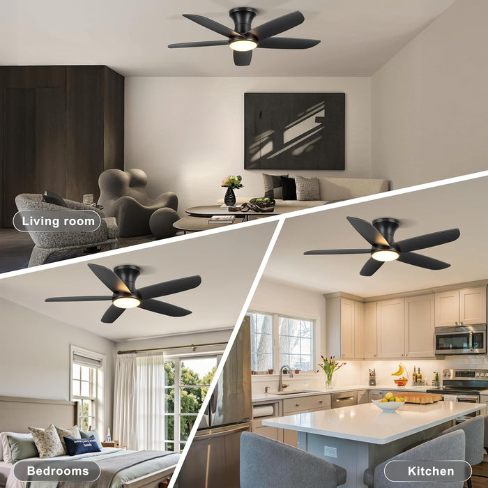 Ceiling Fan with Lights, 46" Flush Mount Ceiling Fans Remote/App Control - Dimmable, Quiet DC Motor, Indoor Ceiling Fans for Bedroom Kitchen, Black