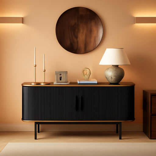 47''W Black Cabinet with Storage, Media Console, Tambour TV Stand, Television Stands with Curvy Edge; Sliding Door, Fluted Cabinet, Buffet Sideboard, Credenza, Table Stand for Living Room, Kitchen