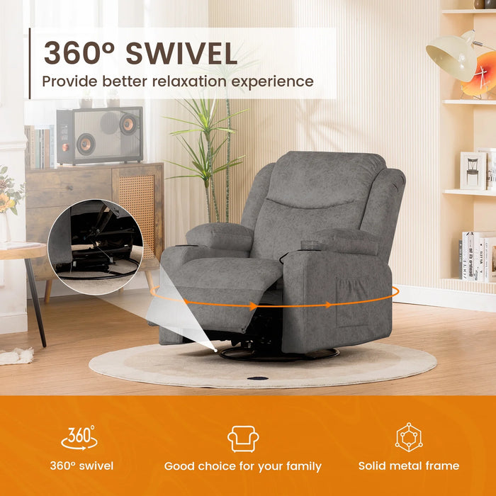 Swivel Rocker Recliner Chair with Heat and Massage, 31.89"Wide Rocking Sofa Home Recliner for Living Room Home Theater Office, Gray