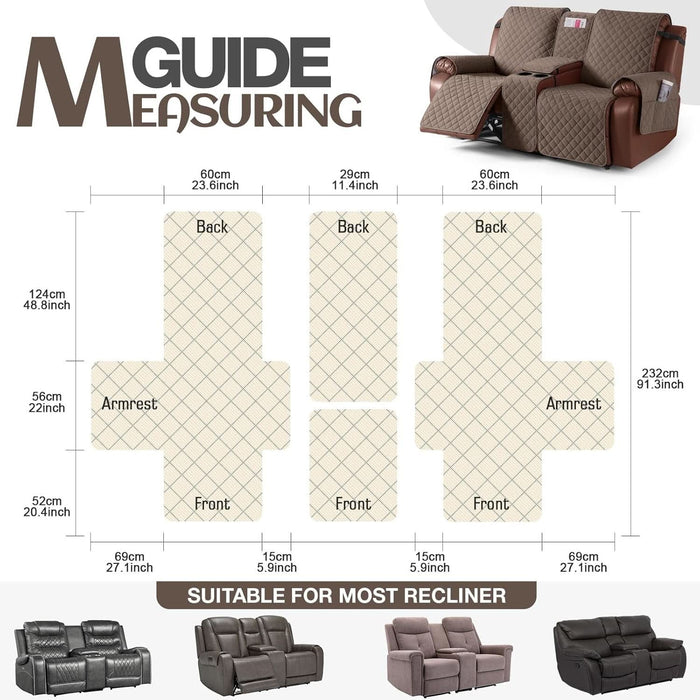 100% Waterproof Recliner Loveseat Cover with Console, Non-Slip Reclining Couch Covers for 2 Seat, Recliner Sofa Cover Furniture Protector with Elastic Straps for Kids, Pets, Brown